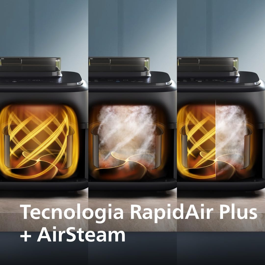 Philips Airfryer Serie 5000 Doppio Cestello con Vapore – Friggitrice ad aria da 9L, 19 modalità, 90% di grassi in meno, Tecnologia RapidAir Plus e AirSteam, Pulizia con il vapore, Accessori (NA550/00)