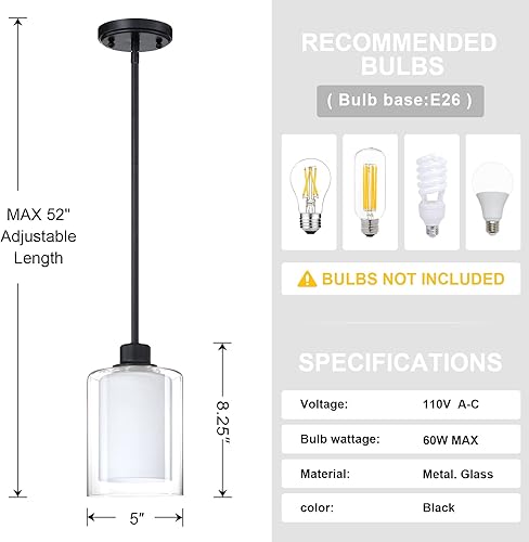 Miniatura 4 de Paquete de 2 lámparas colgantes de isla de cocina para interiores, lámpara colgante de 5 pulgadas de vidrio esmerilado transparente, acabado negro