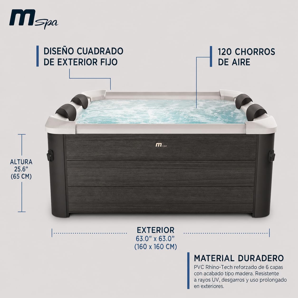 MSpa Tribeca SPA rígido Cuadrado 4-6 Personas con 120 chorros Aerojet, 8 Jets de Agua, LED, UVC+, ozono y Control Inteligente