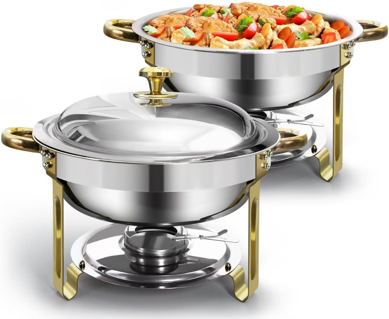 Chafing Dishes for Buffet 4 Pack, 6QT Round Chafing Dishes for Buffet [Elegant Gold and Silver Colors] Stainless Steel Chafing Dish Buffet Set for Any Party (6 Food Clips)