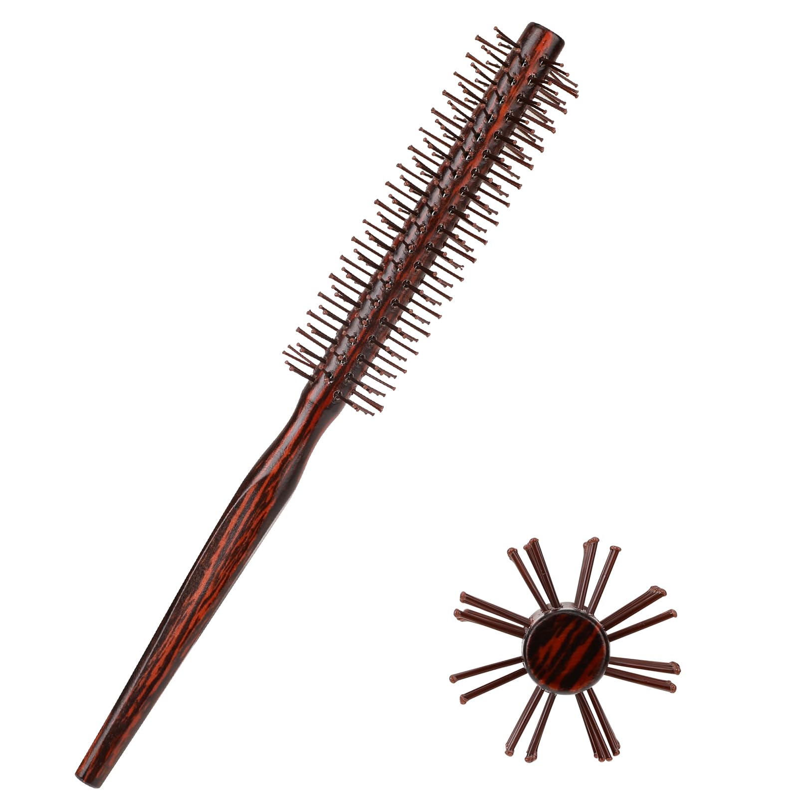 Small Round Hair Brush for Blow Drying 1 Inch Mini Quiff Roller With Pear Wood Handle and Ball Tip Nylon Bristles