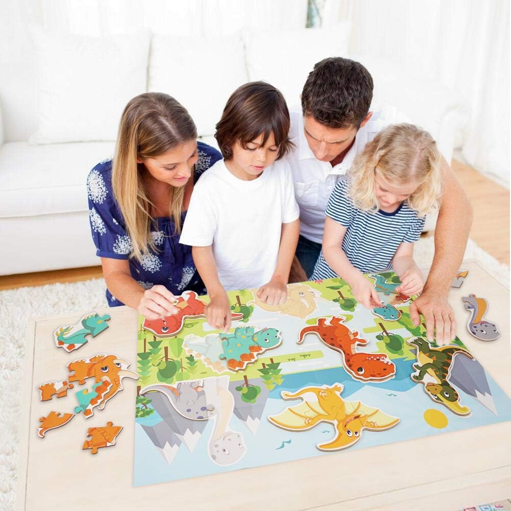 BEESTECH Beginner Dinosaur Puzzles for 3, 4 Year Old Toddlers, 8 Pack Jigsaw Educational Learning Puzzles for Toddlers, 8 Different Dinosaurs with Dinosaur World Map