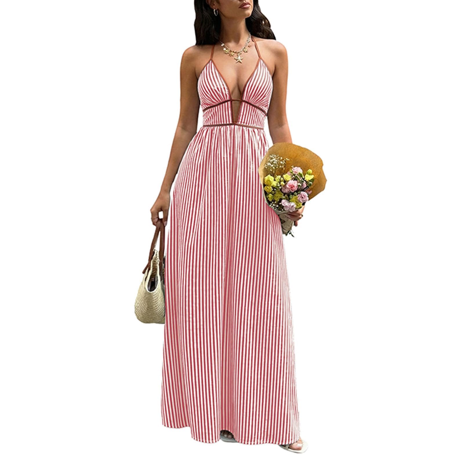 Generico Maxi Abito Estivo Chic a Righe, Scollo a V, Senza Maniche e con Schiena Scoperta; Modello a Linea A con Scollo all'Americana e Spalline Arricciate.