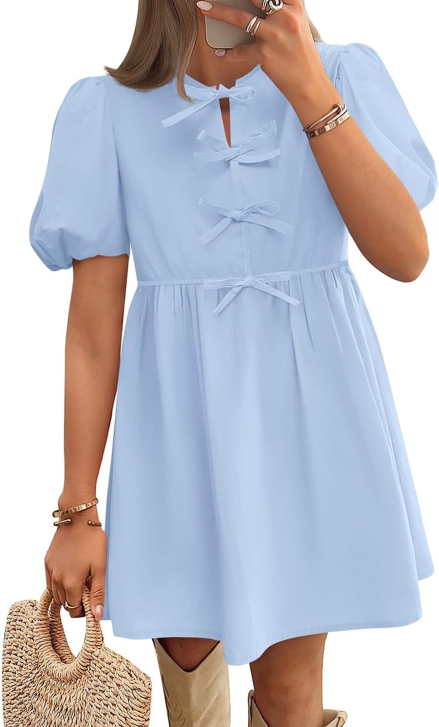 ZESICA Women's Summer Short Sleeve Tie Front Mini Dress Cute Babydoll Ruffle Pleated A Line Tunic Dresses
