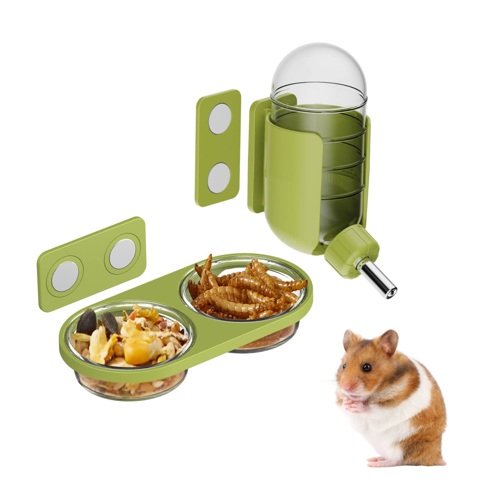 Set d'alimentation Magnétique pour Rongeurs avec Bouteille d'eau & Bol pour Terrariums en Verre Hamster Doré Octodon (Vert, Fixation magnétique)