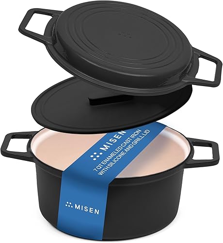 Miniatura 12 de Misen Parrilla para horno holandés 7QT con tapa de silicona, revestimiento de esmalte premium, asas dobles y anchas, base grande duradera,