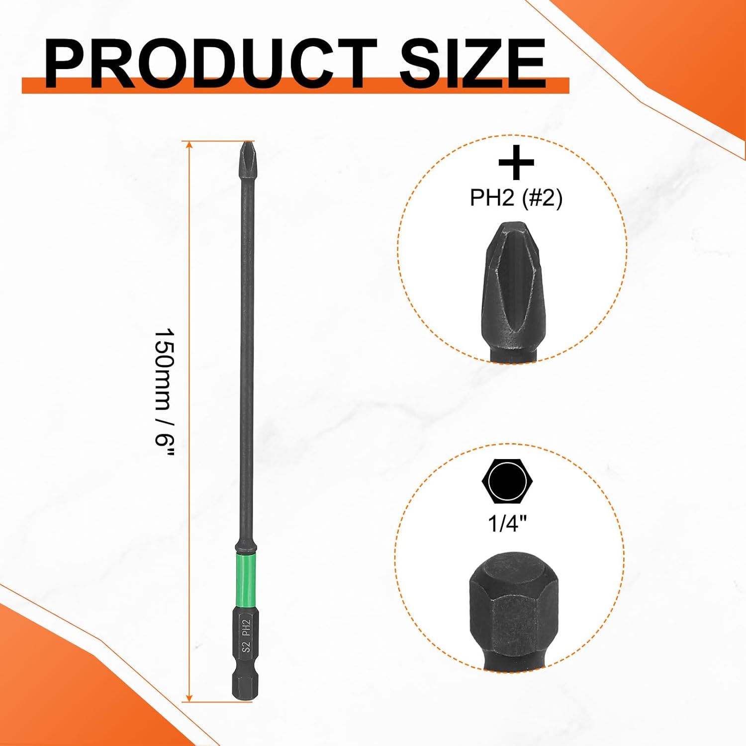 HARFINGTON 2pcs #2 Impact Phillips Screwdriver Bit PH2 1/4" Hex Shank 6" (150mm) Length 0.14" Rod Magnetic Cross Head Drill Bits S2 Steel Industrial Screw Drivers for Impact Power Tools