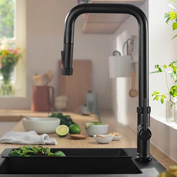 Kitchen Faucets with Pull Down Sprayer Finishes Vintage Colours Kitchen Faucets, 17 Inch Brass Faucet for Kitchen Sink with Deck Plate Matte Black
