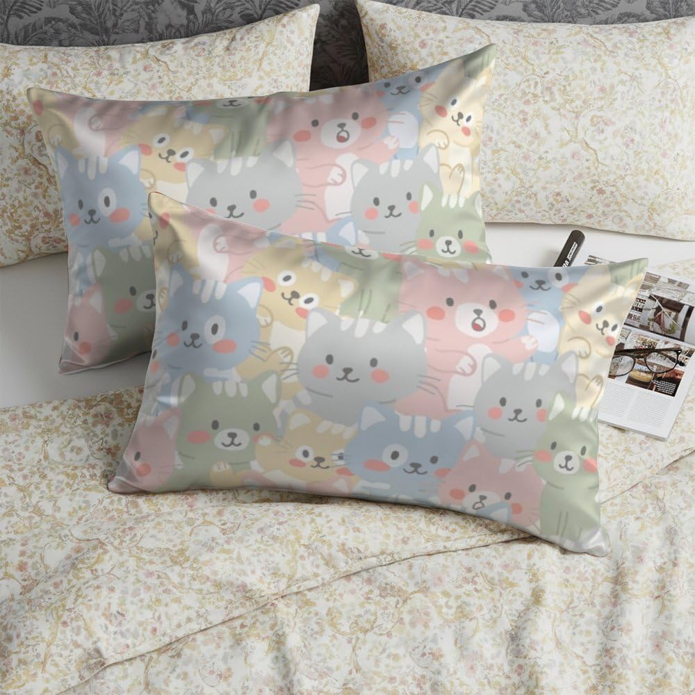 Pastel Colorful Cute Kitty Cat Pillow Cover, 2 Pack Silky Pillow Case Satin Pillowcase with Zipper Bedroom Essentials Camping Cover for Teen Girls Cute Room Decor 20 × 28 inch