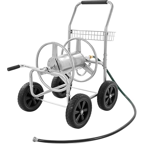 VEVOR Hose Reel Cart, Hold Up to 300 ft of 5/8’’ Hose, Garden Water Hose Carts Mobile Tools with 4 Wheels, Heavy Duty Powder-Coated Steel Outdoor Planting with Storage Basket, for Garden, Yard, Lawn