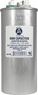 Appli Parts Dual Run Capacitor for ac 45+10 Mfd uF (microfarads) 370VAC or 450VAC Round Universal fit for hvac and other applications 5-3/8 in High 2-1/8 in Wide CON-45/10-450