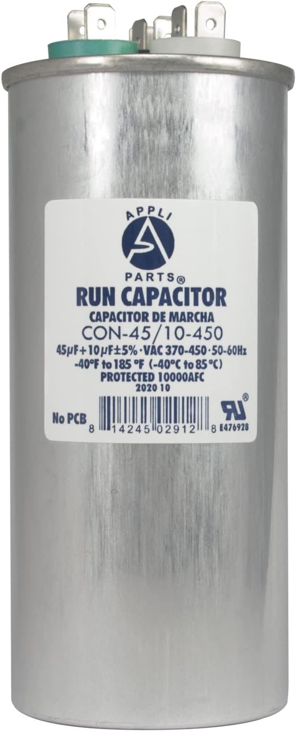Appli Parts CON-45/10-450 Dual Run Capacitor for ac 45+10 Mfd uF (microfarads) 370VAC or 450VAC Round Universal fit for hvac and other applications 5-3/8 in High 2-1/8 in Wide