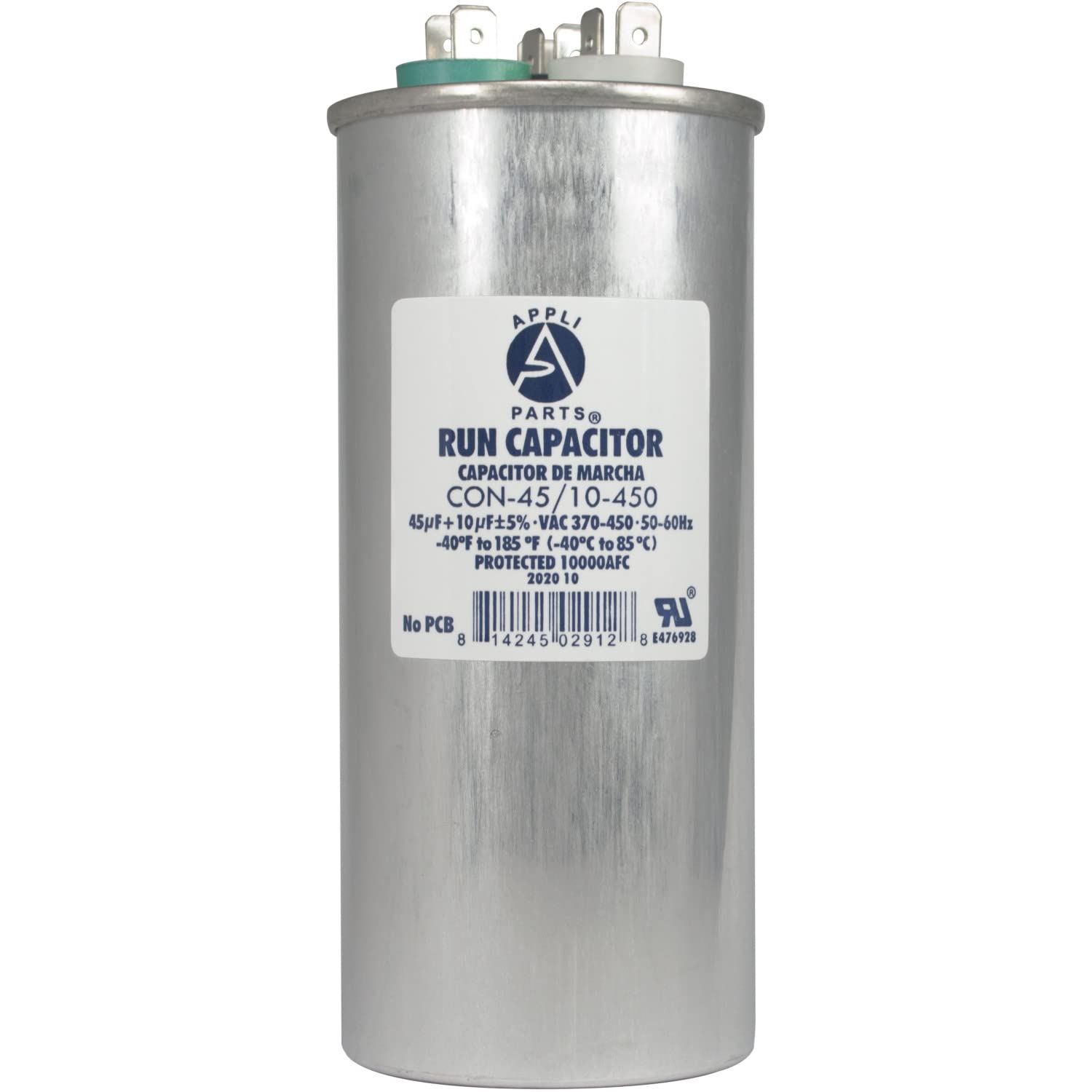 Appli Parts Dual Run Capacitor for ac 45+10 Mfd uF (microfarads) 370VAC or 450VAC Round Universal fit for hvac and other applications 5-3/8 in High 2-1/8 in Wide CON-45/10-450