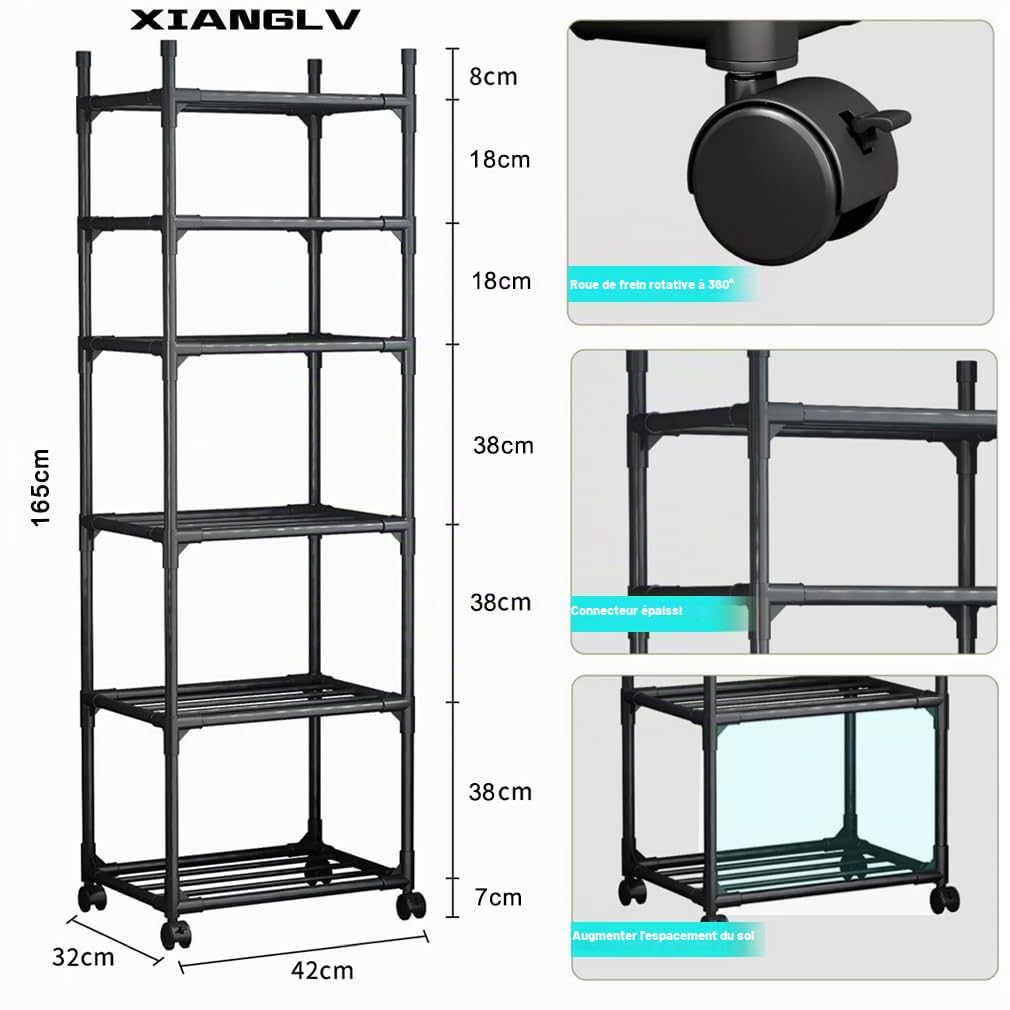 Étagère Noire, 42 x 32 x 165 cm, Étagère Haute et Étroite à 6 Niveaux avec Roulettes et Pieds Antidérapants, Étagère Réglable et Meuble de Rangement pour Garage, Salle de Bain, Cuisine, Angle