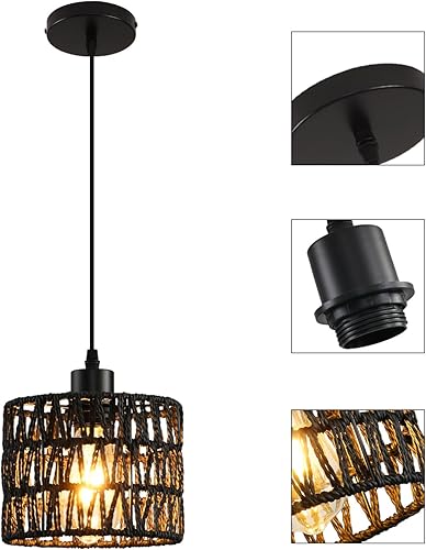 Miniatura 5 de Lámpara colgante tejida estilo bohemio, luces colgantes de ratán, isla de cocina, iluminación colgante de granja con pantalla de mimbre tejida a