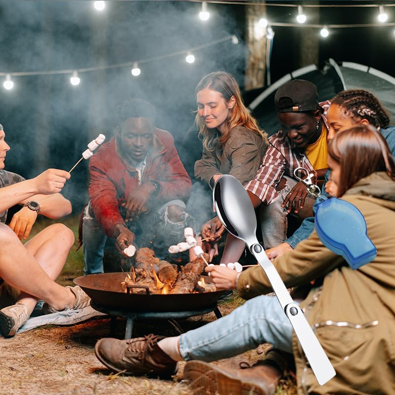 ポータブルトラベルキャンプスプーン ロングハンドル折りたたみスプーン サーモス用 折りたたみ式スプーン ケース付き キーチェーン 折