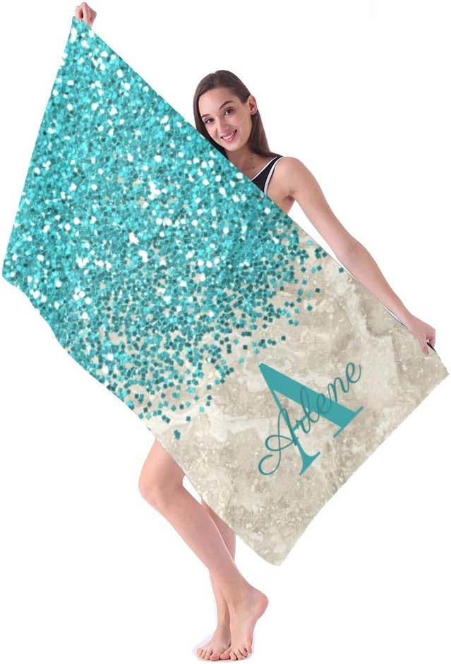 Glitter Monogram Teal Blue Personalized Beach Towels with Name for Adults Kids Girls Boys Women Men,Custom Microfiber Towels for Travel,Beach,Bathroom,Pool,60X30 Inches
