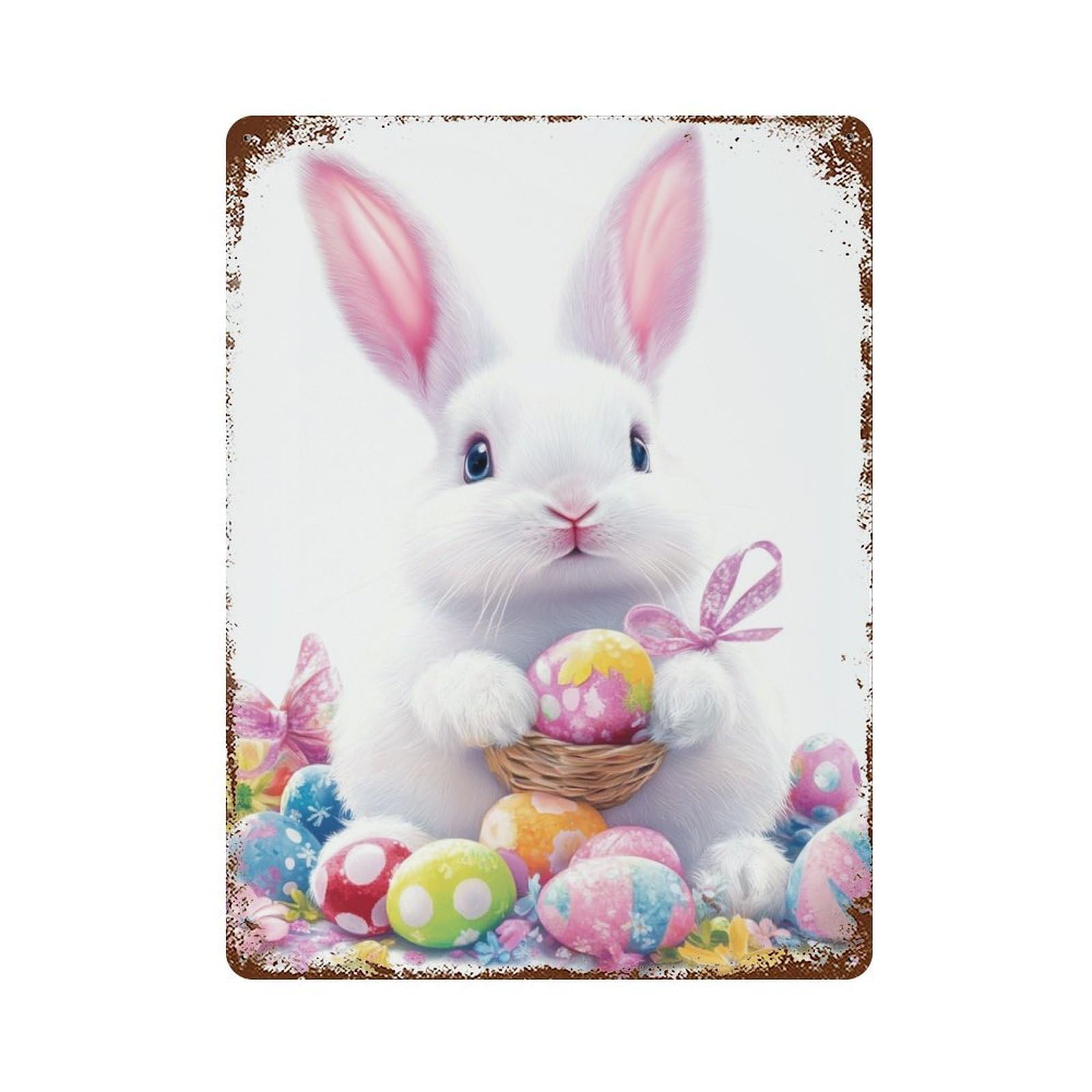 Rustic Tin Plaque with Easter Bunny with Eggs Basket Design 15.7"x11.8", for Pub, Kitchen And Man Cave Decor, Old School Wall Decor