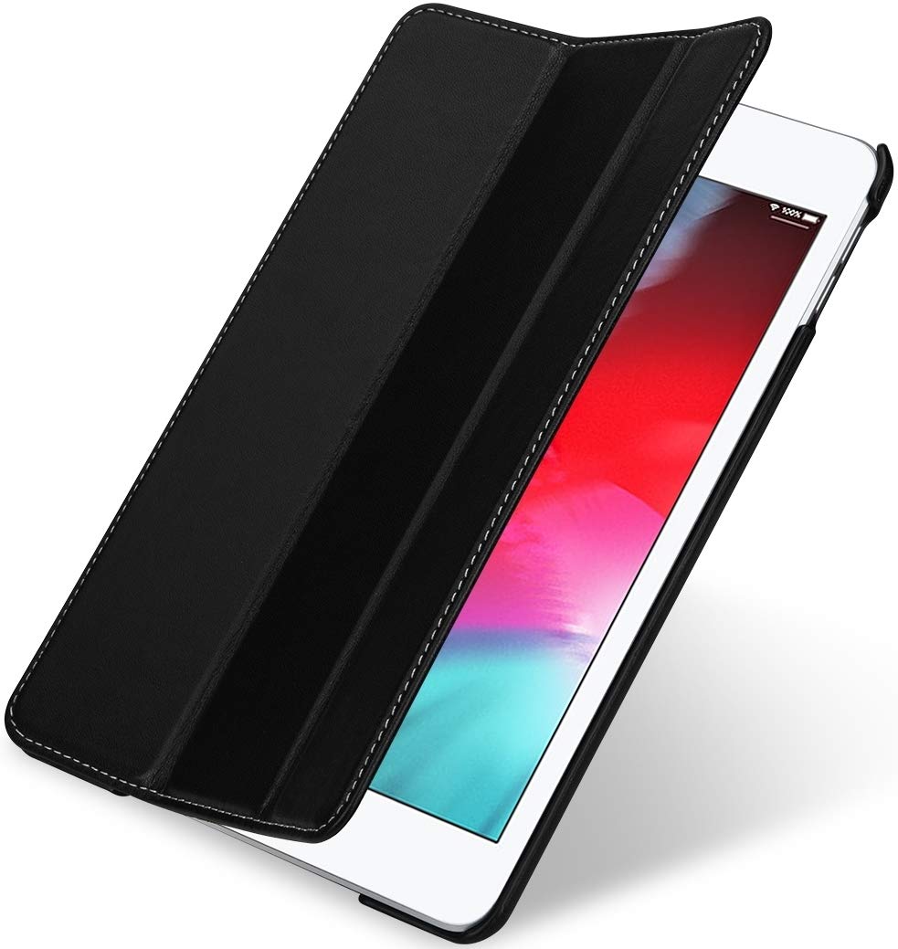 StilGut Echt Leder Hülle Kompatibel mit Apple iPad mini 5 (7,9 Zoll 2019), Couverture Smart Cover mit Standfunktion, Schwarz Nappa