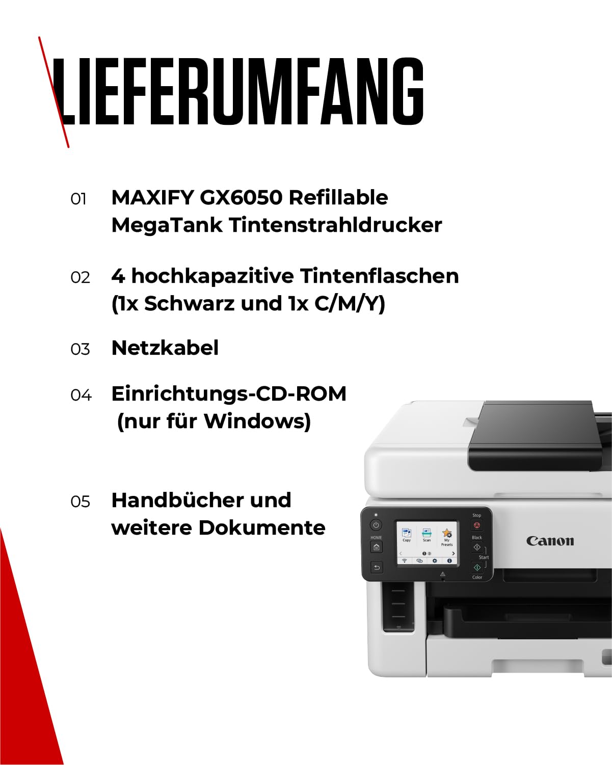 Canon MAXIFY GX6050 MegaTank drukarka wielofunkcyjna 3 w 1 (druk atramentowy, kopiowanie, skanowanie, 50 arkuszy ADF, A4, Wi-Fi, LAN, ekran dotykowy LCD 6,9 cm, druk dwustronny, niskie koszty