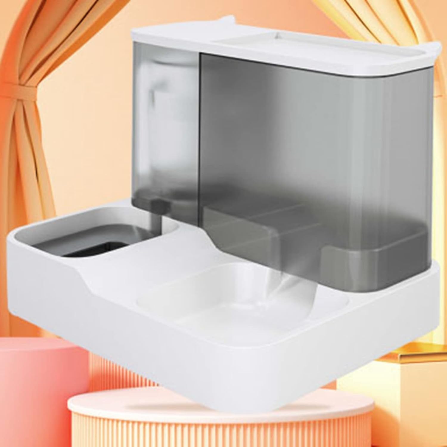 All in One Automatic Cat Feeder and Water Dispenser Set, 2 in 1 Large Capacity Transparent Window Automatic Pet Feeder for Dog Cat (Grey)