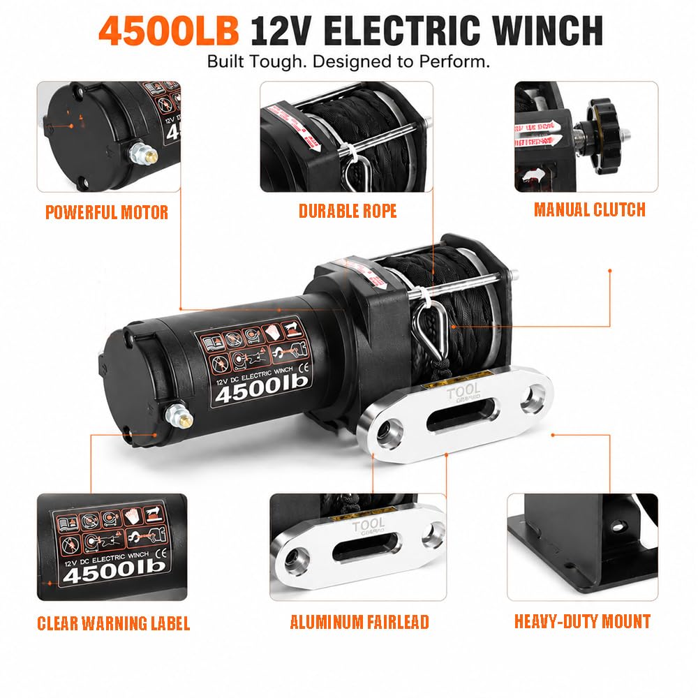 Kit de cabrestante eléctrico ATV/UTV de 4500 libras, cuerda sintética de 12 V CC, cabrestante de remolque de recuperación impermeable con control remoto inalámbrico y con cable, placa de