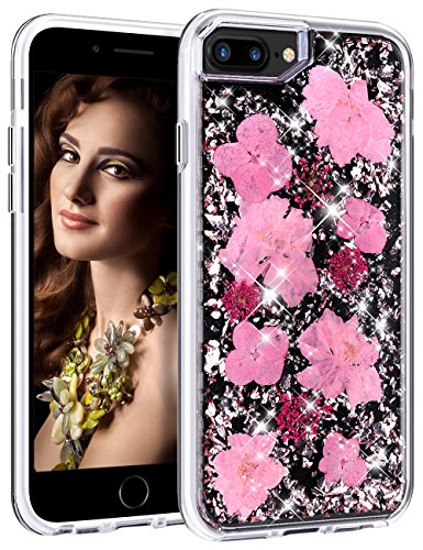HoneyAKE Case for iPhone 7 Plus iPhone 8 Plus Case Glitter Cute Pretty Girly Case with Natural Flower Durable Shockproof Hard PC Cover Flexible TPU Frame for iPhone 6 Plus 6s Plus 7 Plus 8 Plus, Pink
