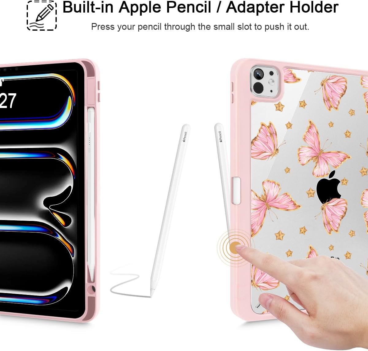 Tuiklol for iPad Pro 11 Inch (M5 2025 / M4 2024) Case, Buit-in Pencil Holder with Slim Clear Back Cover Protection Trifold Stand-Auto Wake/Sleep Tablet Case, Black Flower Pink Butterfly
