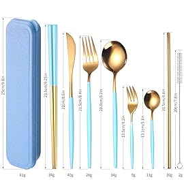 AARainbow 8 Pieces Stainless Steel Flatware Set Portable Reusable Cutlery Set Travel Utensils Set Including Chopsticks Knife Fork Spoon Straws Cleaning Brush Dishwasher Safe (Light blue Golden)