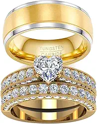 2 anéis para casal, conjuntos de alianças de casamento femininas com coração preenchido em ouro amarelo, conjunto de alianças de casamento masculinas de aço de titânio, women size7 & men size8, Metal