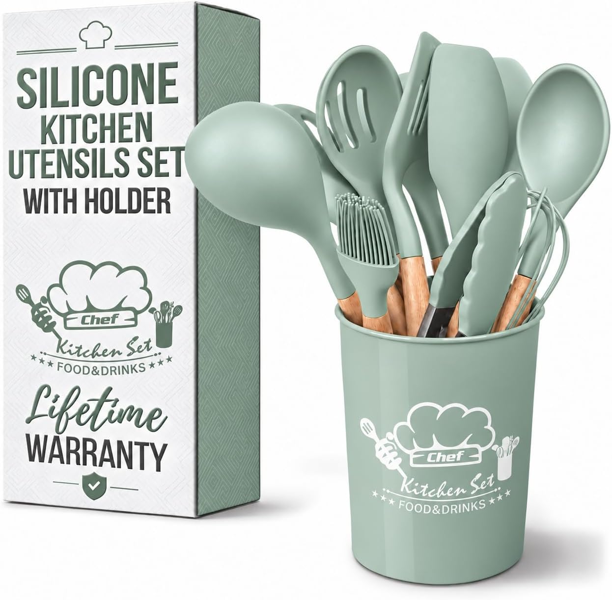 12Pcs Mint Green Kitchen Accessories with Holder for Nonstick Pans