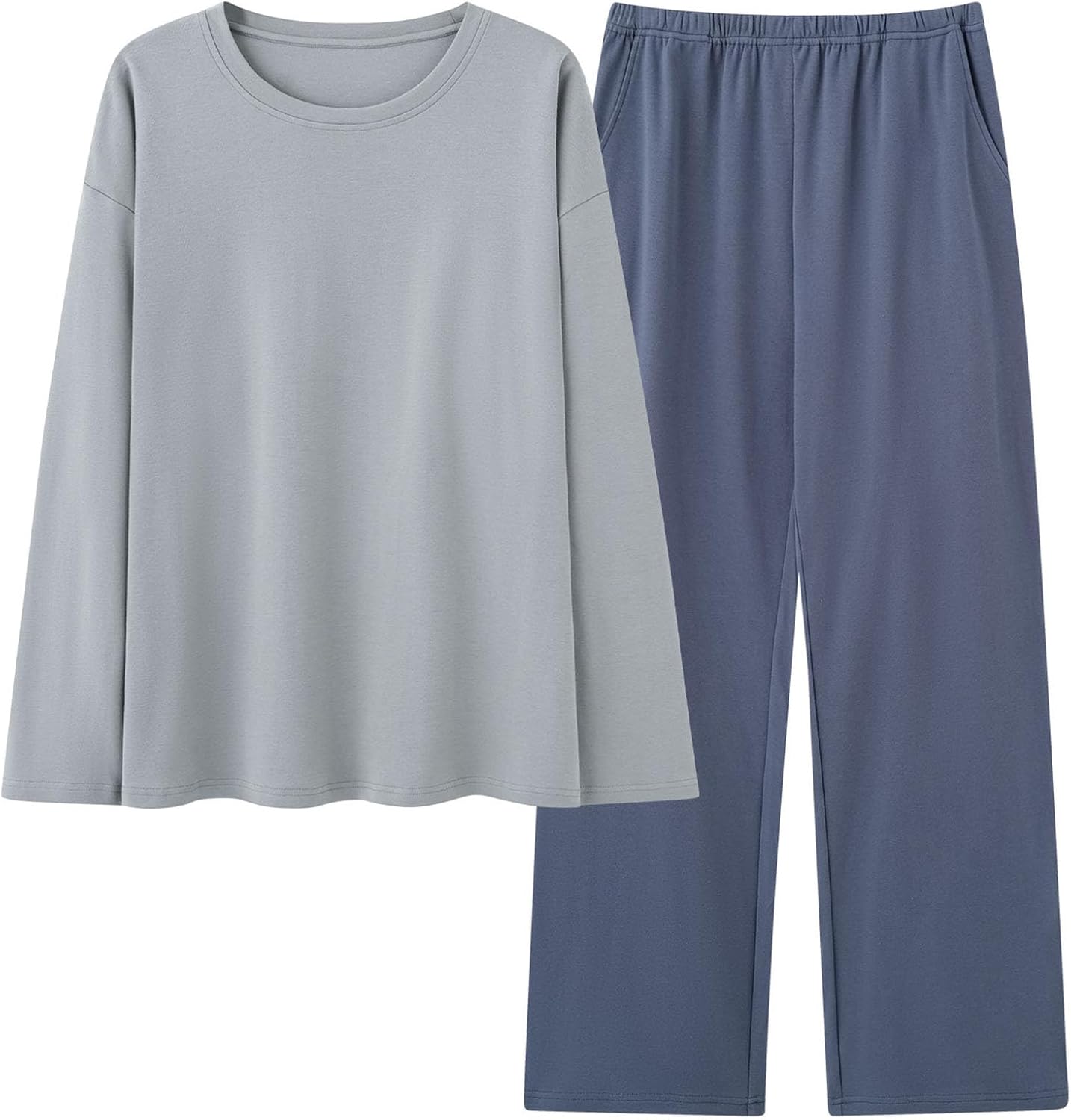 Soft Cotton Pajamas for Women Solid Set Long Sleeve Lounge Sets 2 Piece Pajama Tops and Jogger Pants with Pockets