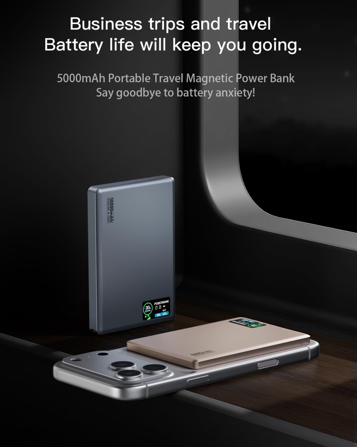 [Paquete de 2] Cargador portátil para iPhone, batería USB C de 5000 mAh, cargador de teléfono esencial de viaje, cable integrado y soporte plegable, carga rápida de 22.5 W para iPhone 16 (gris glaciar