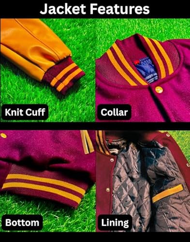 Premium Letterman Jacket Men - Wool Blend Leather Sleeves High School Varsity Jackets For Men (Maroon Gold, Large)