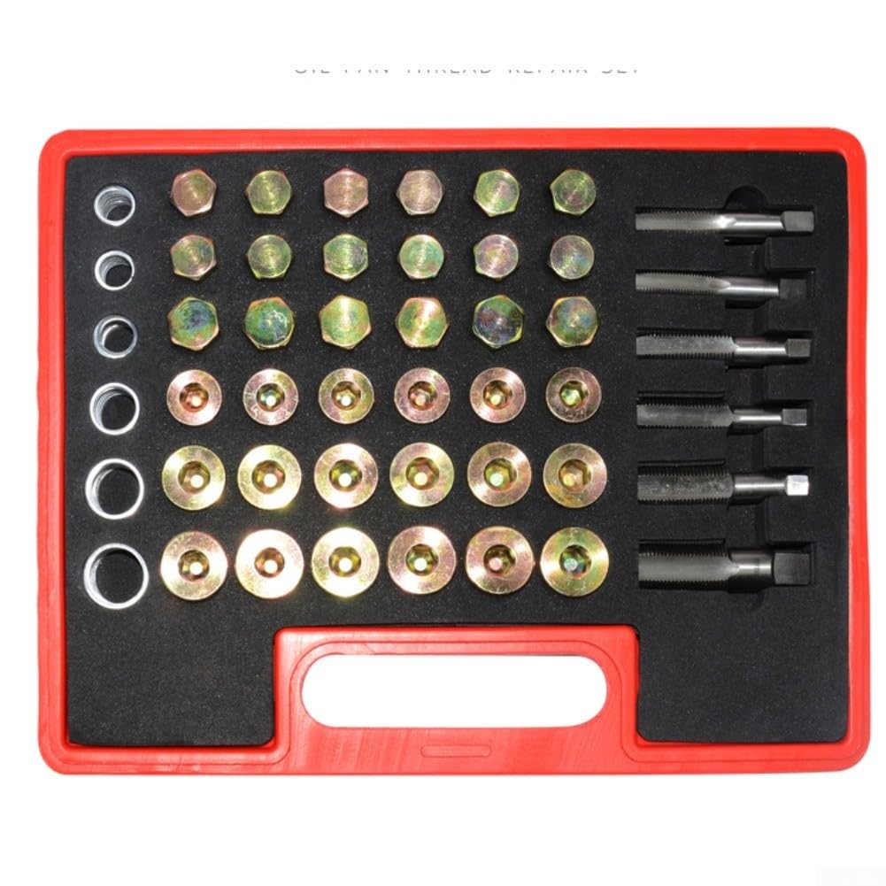 Kit di riparazione filettatura per scarico coppa dell'olio con rubinetti, viti e rondelle di tenuta in colore rosso, in acciaio e alluminio per la manutenzione del motore dell'auto, set da 64 pezzi