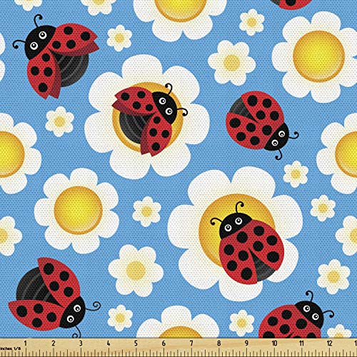 Ambesonne Ladybugs Fabric by The Yard, Abstract Daisies with Dotted Bugs Insects Ornamental Blooming Nature Inspirations, Decorative Fabric for Upholstery and Home Accents, 1 Yard, Red Aqua