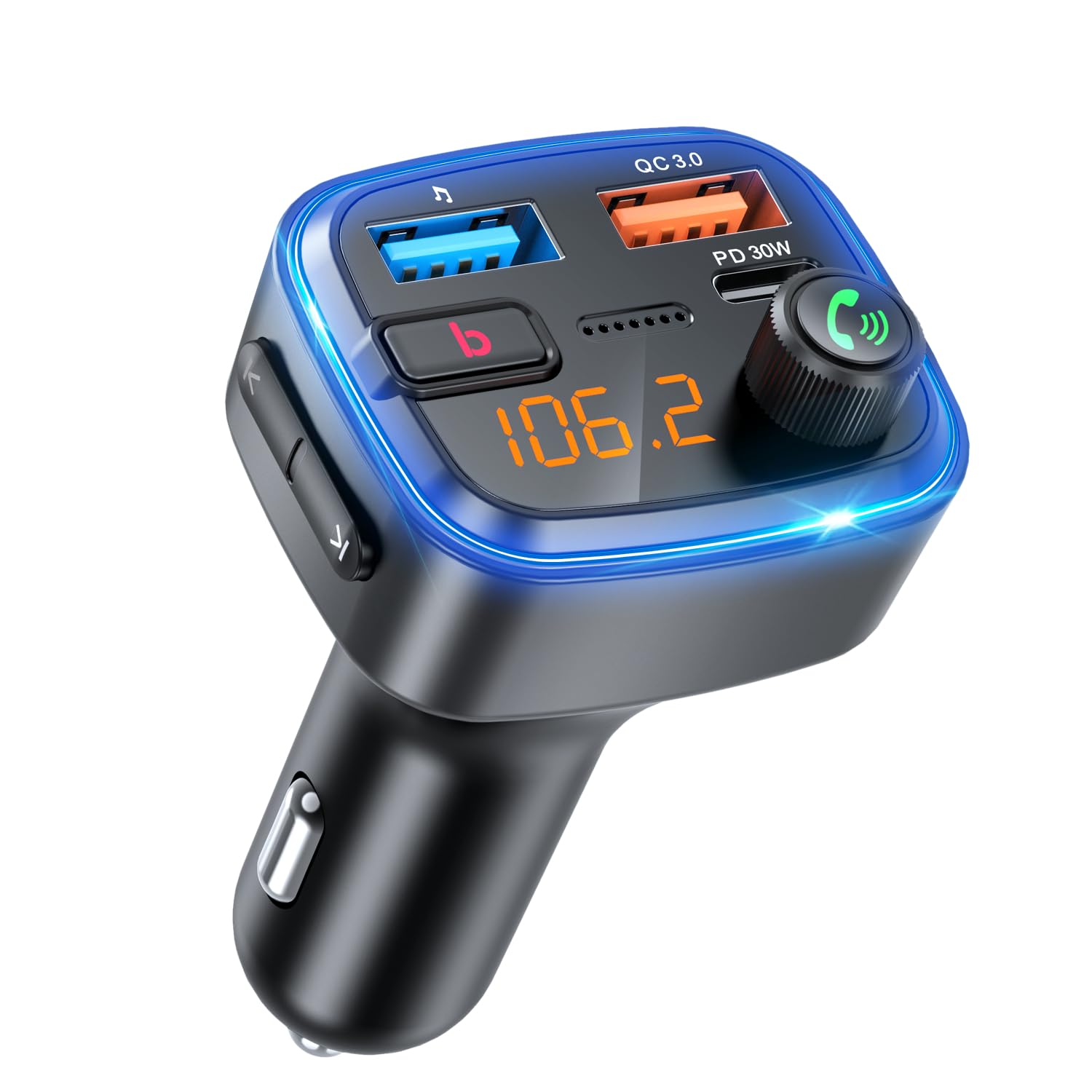 HUNDRUP Adaptateur Bluetooth 5.4 pour voiture, adaptateur USB Bluetooth pour charge, émetteur FM sans fil, radio mains libres et récepteur audio (bleu-48 W)