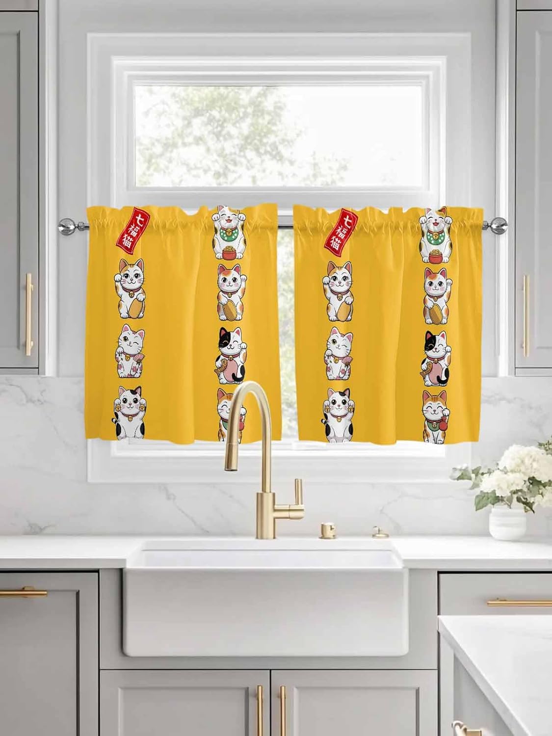 Lucky-Cats Kitchen Curtain 24 Inch Length, Small Short Cafe Tiers Curtains Drape, 2 Panel Window Treatment Rod Pocket Drapery Panels Curtains Japanese Noren Colored Traditional Asian Yellow 55x24