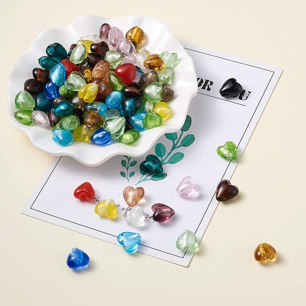 Craftdady 200Pcs Lampwork Glass Heart Spacer Beads Silver Foil Loose Beads Random 12x12mm Mixed Colors for Jewelry Making Hole: 2mm