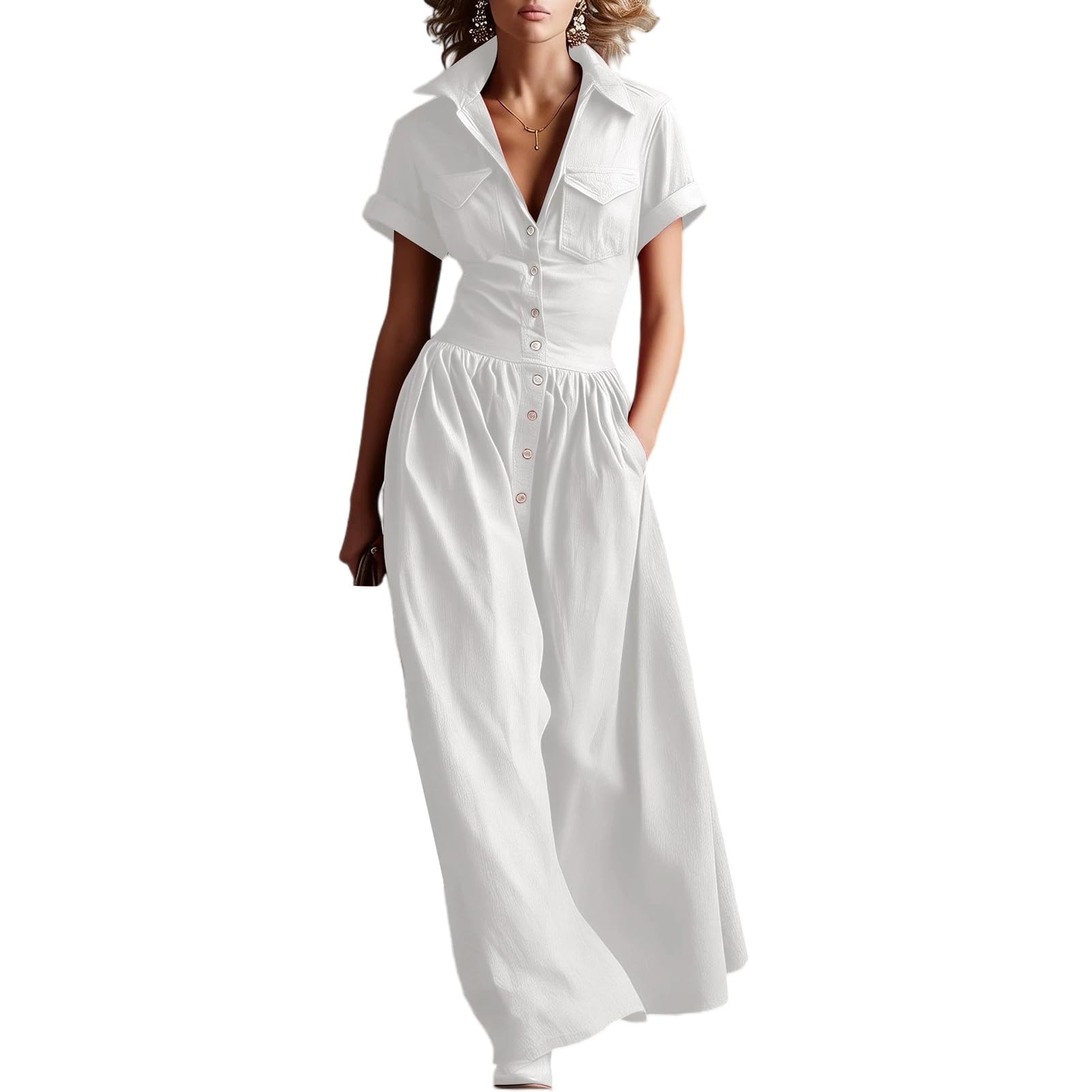 Robe chemise boutonnée à manches courtes pour femme, robe longue trapèze fluide avec poches, robe de style cowgirl occidentale pour l'été, la plage et le quotidien