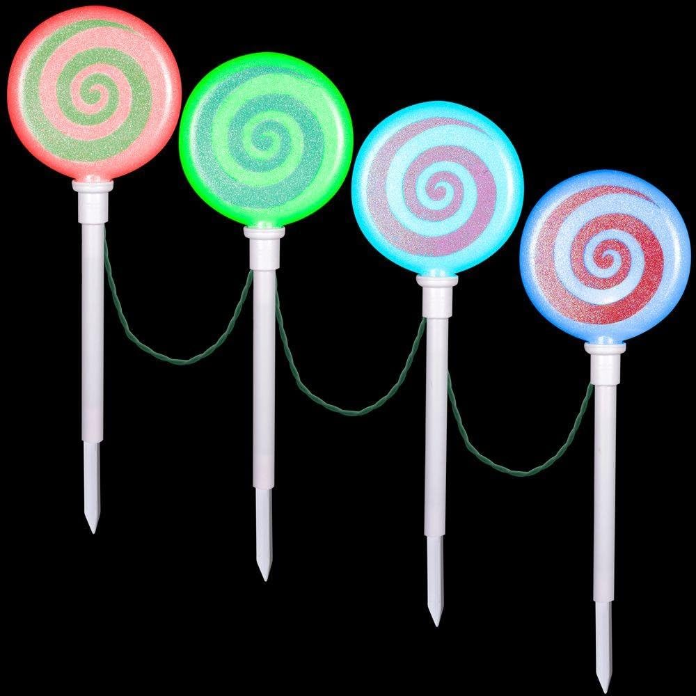 18.11 in. Festive Sweet Light Scene Color Changing Pathway Peppermint Stakes (Set of 4), Easy To Set Up, Energy-Efficient LED, Unique Christmas Holiday Decoration