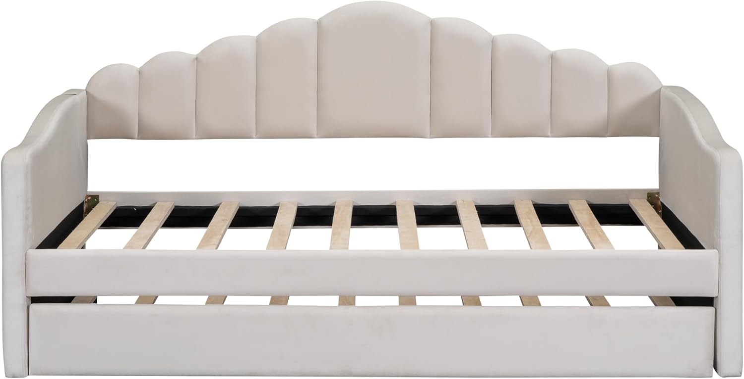 MERITLINE Twin Size Upholstered Daybed with Trundle and USB Charging Ports, Velvet Upholstered Daybed Frame, Twin Sofa Bed for Living Room Bedroom, No Box Spring Needed (Beige)