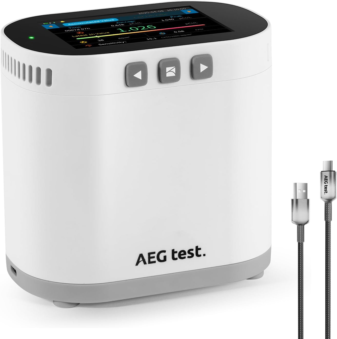 HOUND-3786 Home Radon Monitor, Long-Term Logging & Data Charts, 10-Min Refresh, Rechargeable, 3.5" Display, Sound & Light Alarm, PDF Report, pCi/L & Bq/m³ - White