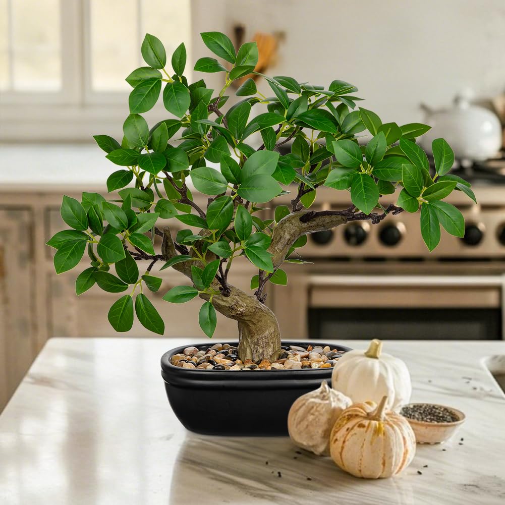 Künstlicher Bonsai-Baum, 32 cm, künstliche Ficus-Pflanze im Keramiktopf mit Kieselsteinen, künstliche grüne Topfpflanze für Zuhause, Büro, Schreibtisch, Dekoration, Innenbereich, Zen-Tischdekoration