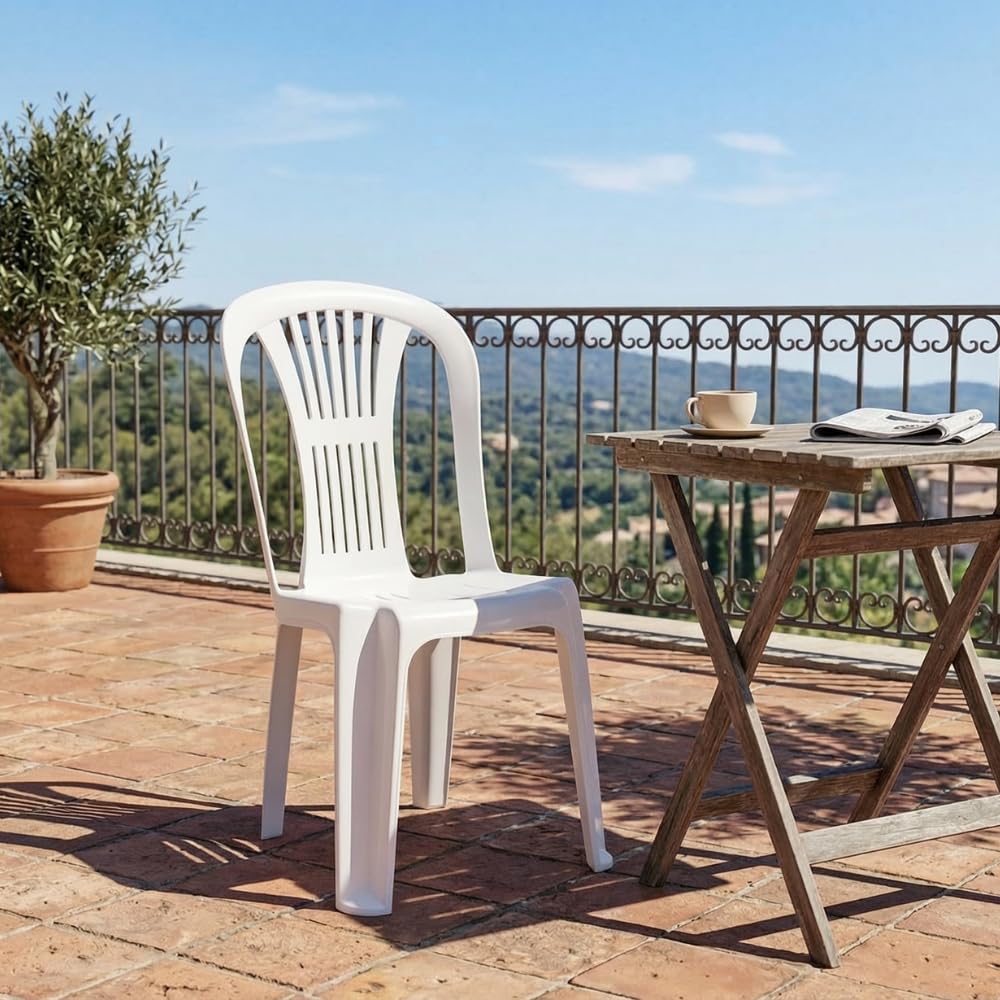Pack 4 Silla Alta de Plástico Apilable sin Reposabrazos para Catering, Jardín, Terraza y Playa, Ergonómica de PVC, Cómoda, Resistente para Exterior. Fácil de Transportar