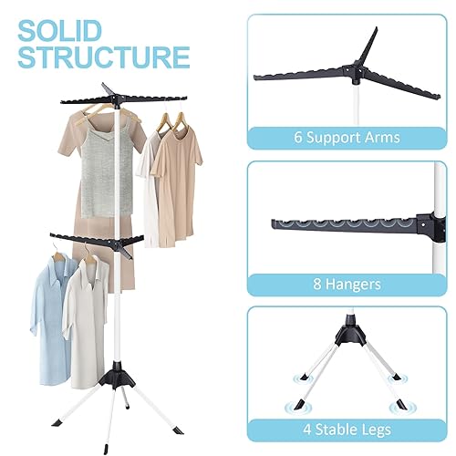 Miniatura 4 de APEXCHASER Tendedero plegable para ropa de 2 niveles, estante de lavandería plegable, aireador de ropa con 4 patas, 6 brazos para 48 perchas, ropa