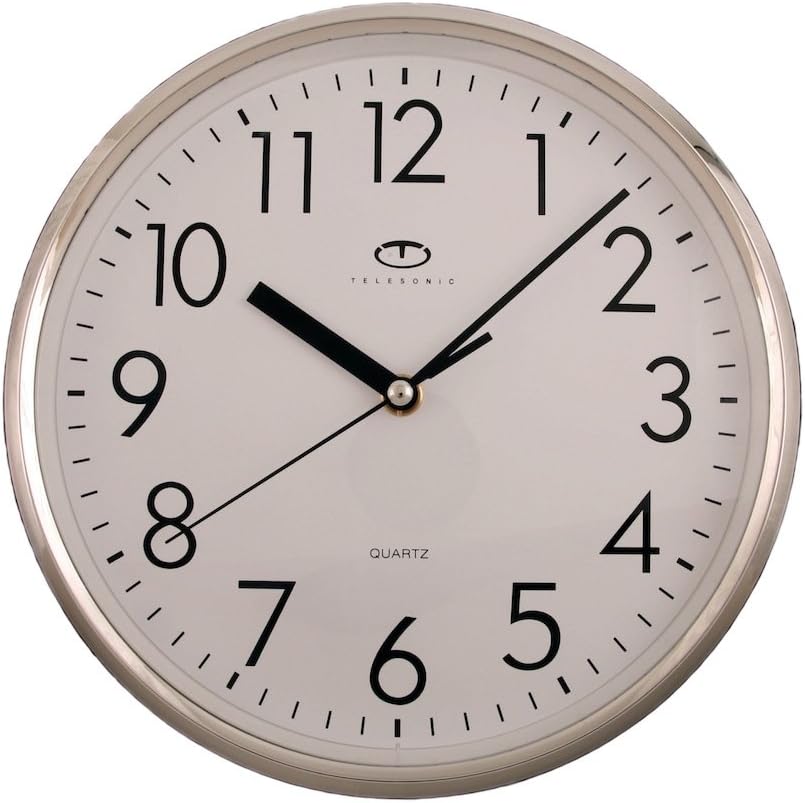 Telesonic Silver Quartz Wall Clock w/Quiet Sweep Second Hand - 10 Inch Round