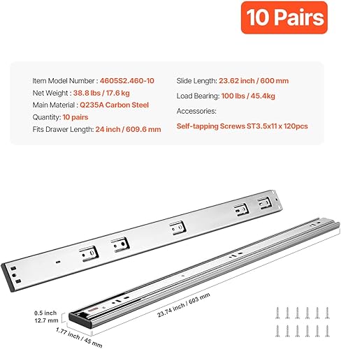 Miniatura 71 de VEVOR 6 pares de rieles de montaje lateral resistentes de 20 pulgadas, de 14, 16, 18, 20, 22, 24 pulgadas, rodamientos de bolas, extensión completa