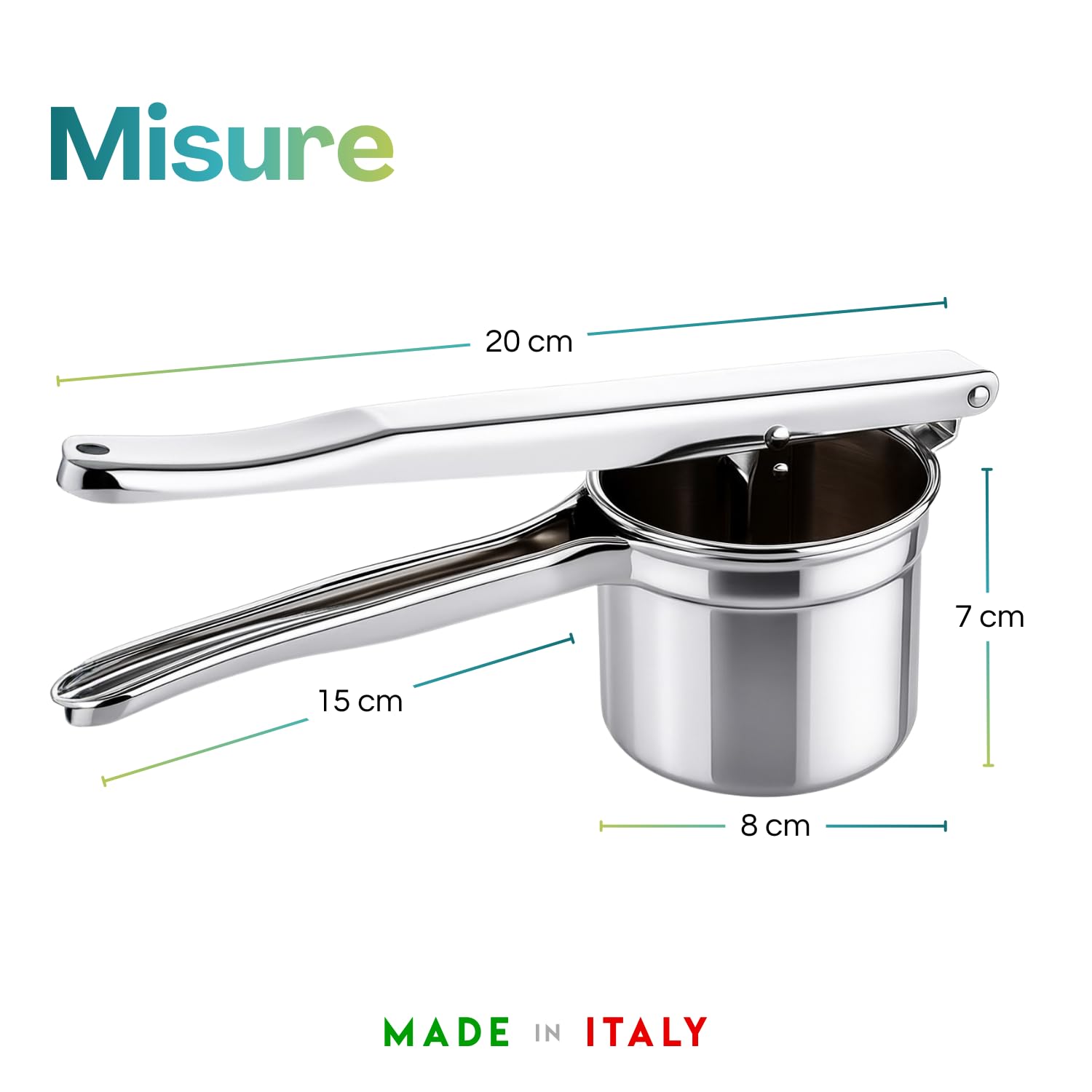 Virsus Schiacciapatate in acciaio inox 18/10, bicchiere con fori diametro 2,5 mm, passapatate manuale antiruggine lavabile in lavastoviglie per purè di patate, castagne, verdure, Made in Italy