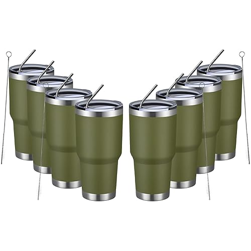MEWAY 30oz Insulated Tumbler With Lids and Straws,Stainless Steel Double Vacuum Coffee Tumbler Cup, Brush, Durable Powder Coated Coffee Cup for Cold & Hot Drinks, Office, Travel(Army Green,8 PACK)